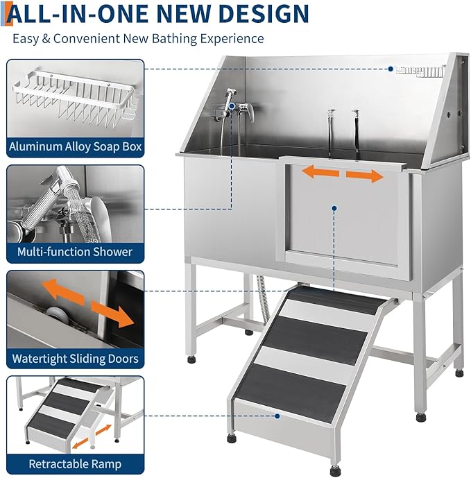 Stainless Steel Dog Washing Station - Dog Bath Tub for Large, Medium, Small Dogs, Pet Grooming Tub with Ramp, Non-Slip Grate, Shower, Soap Box, Faucet, Drain for Home & Outdoor （Right RAMP, 60"）