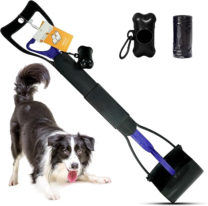 Pooper Scooper with Bags, 28" Long Handle Dog Poop Scooper for Large Medium Small Dogs, Durable Spring and High Strength Material Foldable Waste Pickup Tool for Easy Grass and Gravel Pick Up, Blue
