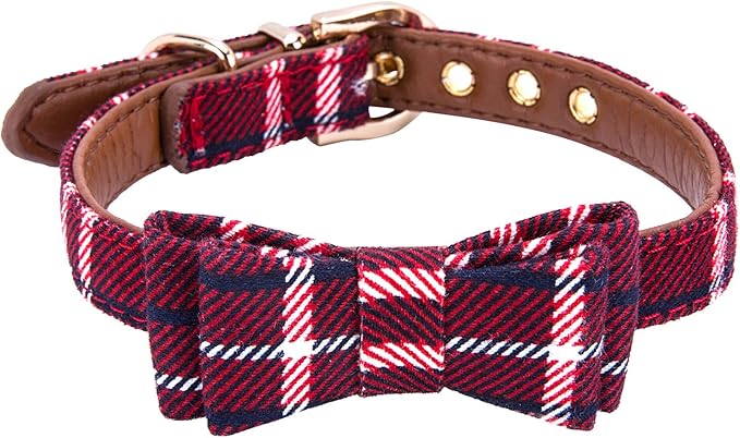 Puppy Collars for Small Dogs - StrawberryEC Adjustable Puppy Id Buckle Collar Leather. Cute Plaid Red Bowtie Dog Collar (Bow-Red)