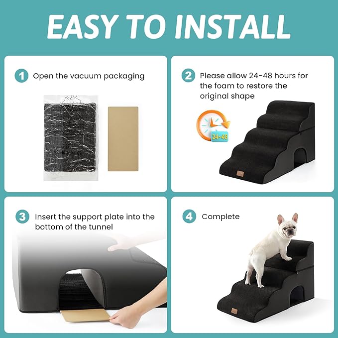 Extra Wide Dog Stairs with Tunnel, Detachable Large Pet Step for Small Medium Dog, Puppy or Cat, Ramp for High Bed, Couch, Sofa or Car, Stable, 19.7x33x22.4 inch, 5 Step, Black