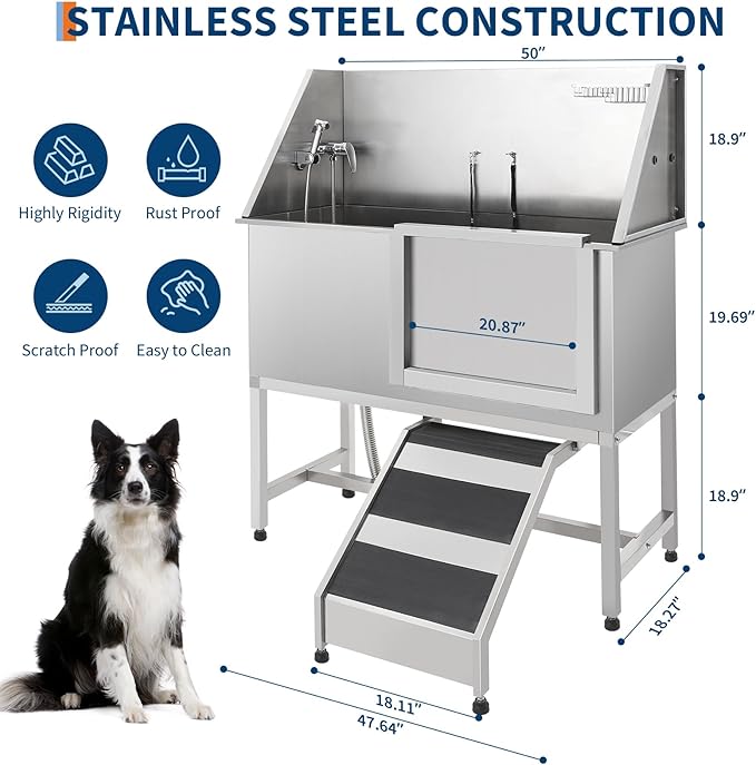 Stainless Steel Dog Washing Station - Dog Bath Tub for Large, Medium, Small Dogs, Pet Grooming Tub with Ramp, Non-Slip Grate, Shower, Soap Box, Faucet, Drain for Home & Outdoor （Right RAMP, 60"）