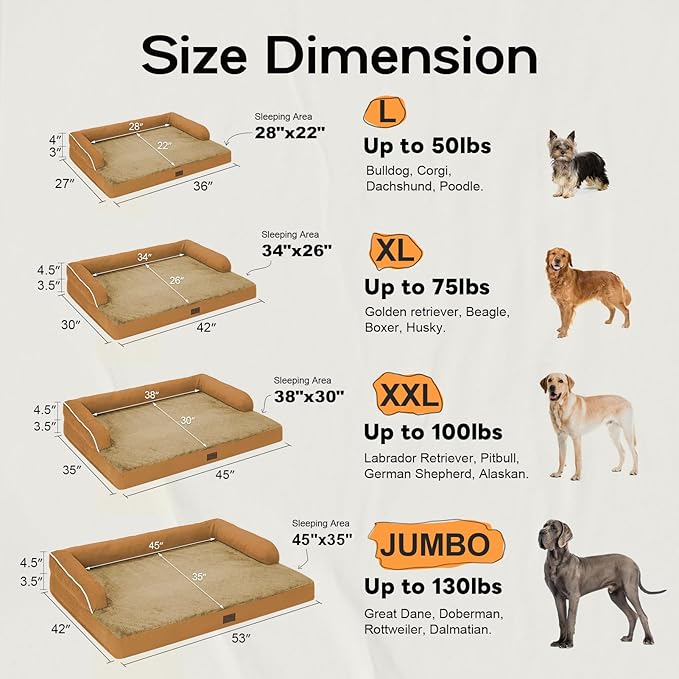 Large Dog Bed Orthopedic Washable, Orthopedic Dog Beds for Large Dogs with Washable Cover, Removable Bolster and Non-Slip Bottom Orange Dogs Beds, XL XLarge Extra Large Dogs