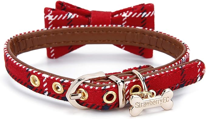Puppy Collars for Small Dogs - StrawberryEC Adjustable Puppy Id Buckle Collar Leather. Cute Plaid Bandana Dog Collar (Bow-Red Grid)