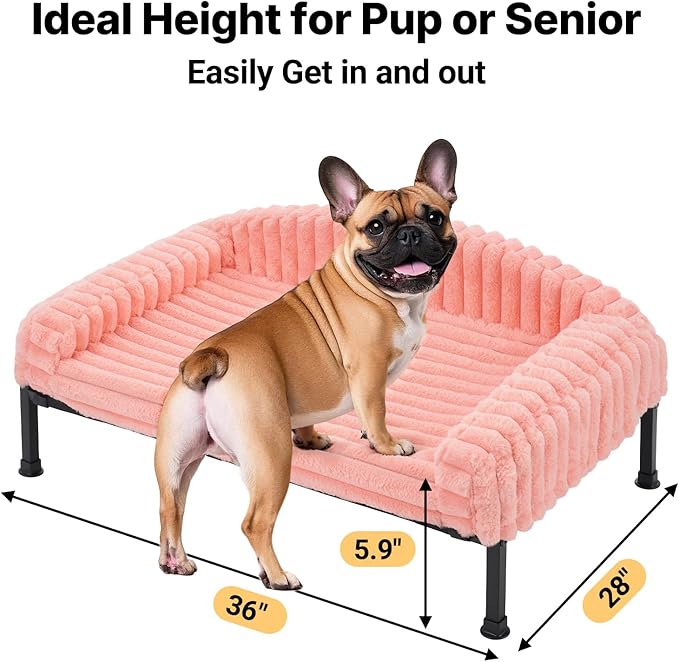 Veehoo Elevated Dog Bed with Bolster Cushion, Fluffy Plush Dog Couch Beds for Small Dogs, Cats, Washable Raised Pet Cot with Non-Slip Feet for Indoor or Patios Use, 36 x 28 Inches, Pink