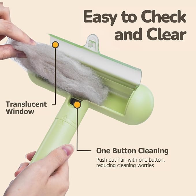Reusable Pet Hair Remover - Lint Roller for Dog & Cat Fur - for Furniture, Carpet, Clothing - Detachable Handle (Green)