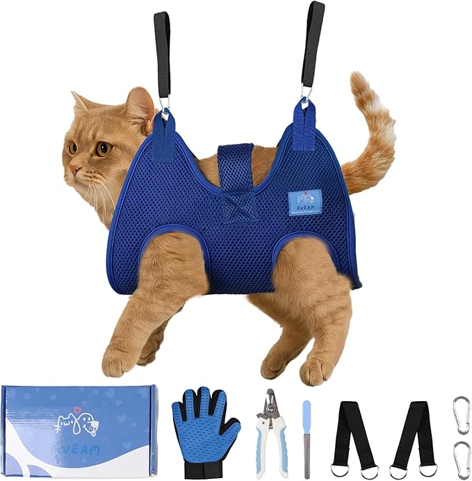 Pet Grooming Hammock for Cats & Small Dogs – Nail Clipping Kit with Sling, Clippers, File, Glove, Straps & Carabiners – Ideal for Trimming & Ear Cleaning – [S/XS] (Blue, Extra-Small)