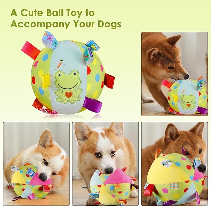 Dog Squeaky Plush Toy with Straps, 6-Inch Soft Stuffed Ball with Cotton Material and Bell Built-in, Pet Interactive Fetch Toy for Small to Large Dog