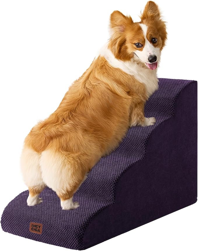 EHEYCIGA Curved Dog Stairs Ramp for High Beds 19.7" H, 4-Step Dog Steps for Small Dogs and Cats, Pet Stairs for High Bed Climbing, Non-Slip Balanced Pet Step Indoor, Purple