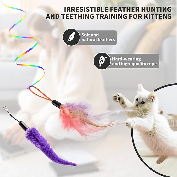 Interactive Cat Toys for Indoor Cats,Enrichment Stimulation Toys, Electric Hanging Door Clip Ribbon Kitty Toy,Automatic Play Chase Exercise Feather Toys for Bored Indoor Adult & Kitten Cats（White）