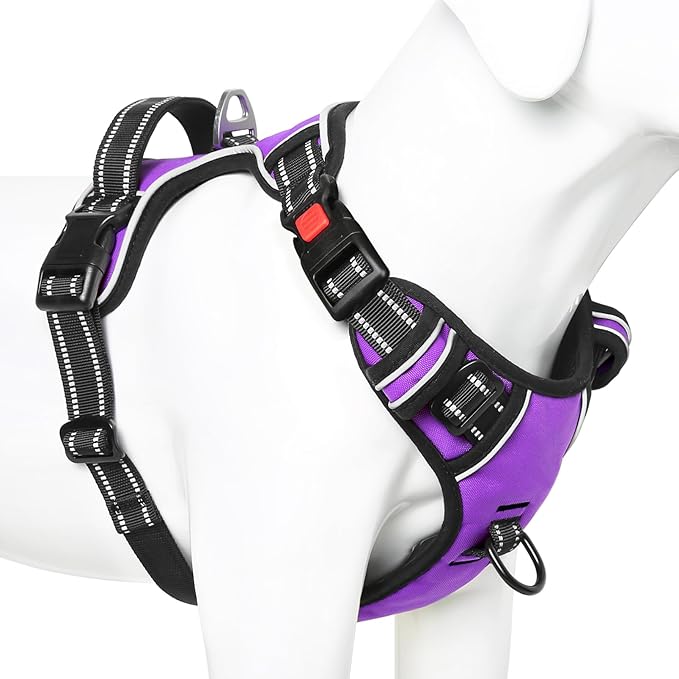 Timos Dog Harness Small Sized, No Pull with Neck Lockable Snap,No Choke Front Clip Dog Reflective Harness,Adjustable Metal Rings 3 Buckles,Easy Control Handle for Small Dogs Purple S