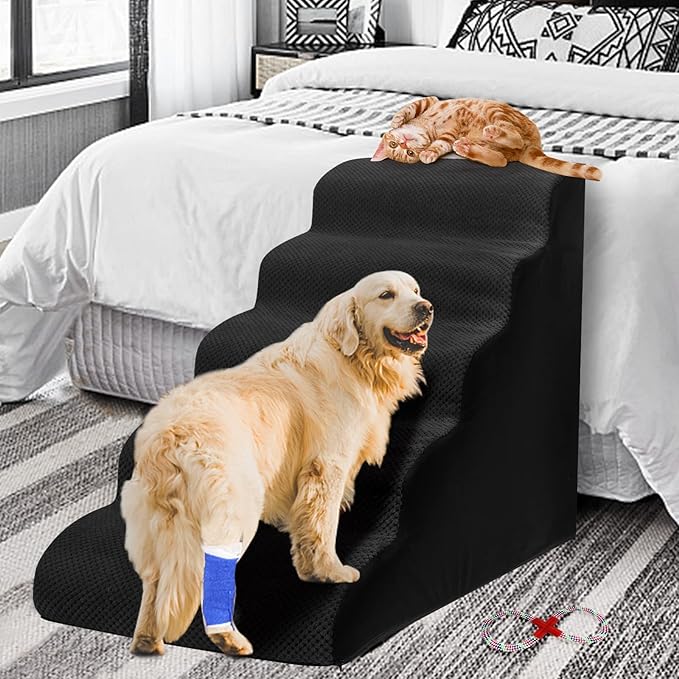 Dog Stairs&Steps for High Beds Up to 28'', 5-Step Dog Ramp for Small Medium Dogs with Washable Cover, Pet Steps for Cats to Get on Couch and Sofa, Durable Foam Ladders, 24.4" Tall, Black