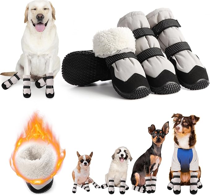 Winter Dog Snow Boots with Warm Wool Lining, Dog Shoes for Large Small Medium Dogs, Dog Booties and Paw Protectors, Anti-Slip Dog Shoes with Reflective for Snow, Hardwood Floors, Hiking (Size 4)