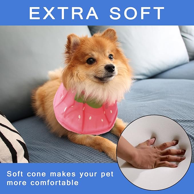 Soft Dog Cone, Lightweight Elizabethan Collar for Dogs, Adjustable Soft Cones for Dogs/Cats to Stop Licking After Surgery, Cute Strawberry Cone of Shame Alternatives for Pets(Small)
