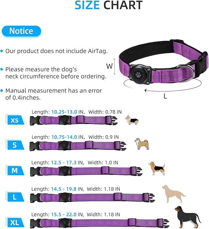 Upgraded AirTag Dog Collar, IP68 Waterproof Air Tag Dog Collar Holder, Reflective, Ultra-Durable, Comfortable Padded, Heavy Duty Dog Collars for Small Medium Large Dogs (M (12.6"-17.1"), Purple)