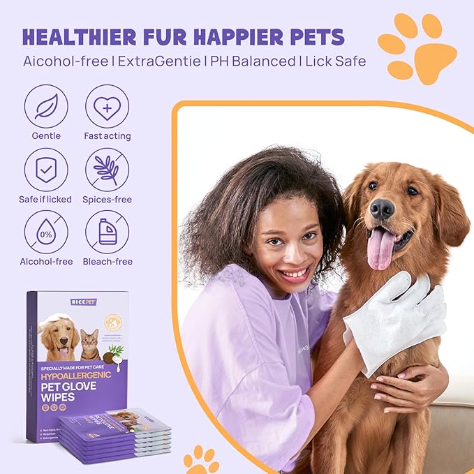 HICC PET Cleaning Deodorizing Glove Wipes for Dogs & Cats, Vet Recommended Hypoallergenic Pet Cleaning and Hydrating Glove Wipes, Nourish Fur Coconut Oil Pet Bathing Wipes for Horse Coat Care