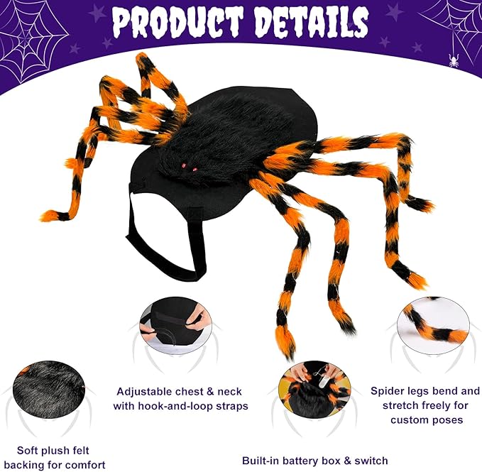OurWarm Dog Halloween Costume for Large Dogs, 64 LED Furry Giant Dog Spider Costume Funny Pet Halloween Costumes for Big XL Large Breed Pet Party Cosplay Decor(Orange)