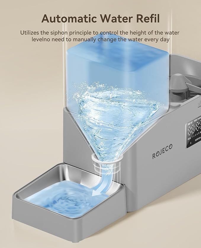 Rojeco 36Cups/8.5L Pet Automatic Cat Feeder and Gravity Water Dispenser,Stainless Steel Bowls 2-in-1 Set Large Capacity 5L Food Feeder and 3.5L Water Fountain for Cats,Pets,Small Dogs,Grey