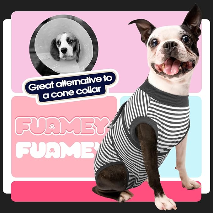 FUAMEY Dog Recovery Suit Male,Dogs Surgery Neuter Suits Puppy Spay Shirts for Female Protect Dog's Skin Anti Licking Abdominal Wounds Doggie Onesie Pet Bodysuit Alternative to Cone Gray Stripes XS
