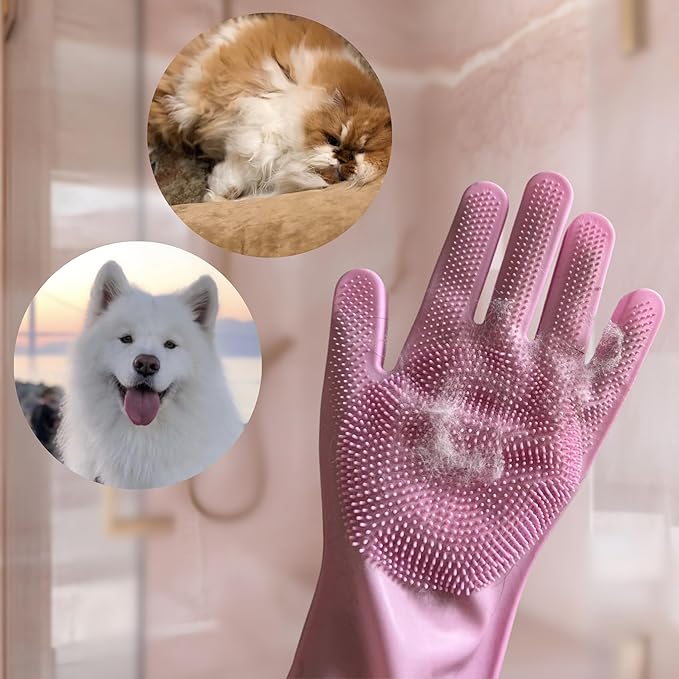 Grooming Gloves for Cats & Dogs - Pet Hair Removal Glove, Silicone Brush for Dog or Cat Washing, Puppy Bath Supplies for Shedding Cleaning Bathing & Massage, Fur Remover Mitt, Shower Shampoo Scrub