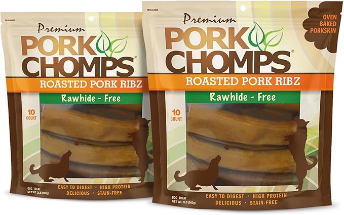 Pork Chomps Roasted Pork Skin Dog Chews, 6-inch Rib Shapes, 10 Count (Pack of 2)