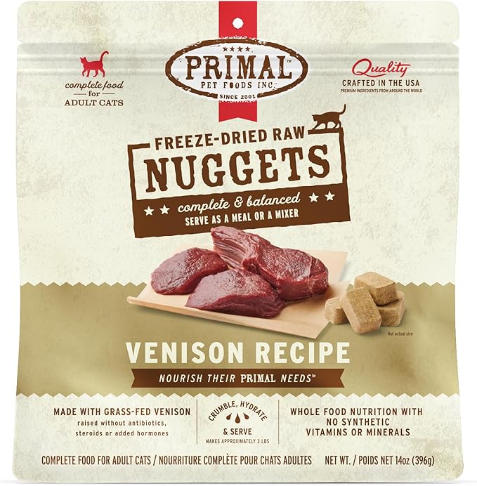 Primal Freeze Dried Raw Cat Food Nuggets Venison, Complete & Balanced Meal or Topper, Premium, Healthy, Grain Free, High Protein Raw Cat Food with Probiotics (14 oz)