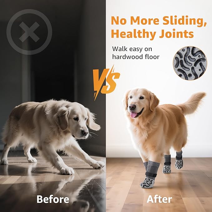 Double Sides Non-Slip Dog Socks to Prevent Licking Paws - Strong Traction for Hardwood Floors, Senior Dogs, Paw Protector, Dog Socks with Grippers - Size Large