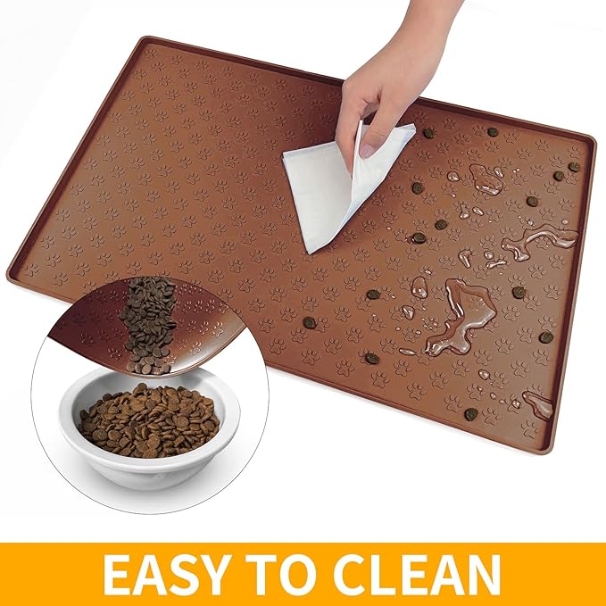 Ptlom Pet Placemat for Dog and Cat, Waterproof Silicone Pet Feeding Bowl Mats for Food and Water, Small Medium Large Dogs Mat Prevent Residues from Spilling to Floor, Brown, 18" 12"
