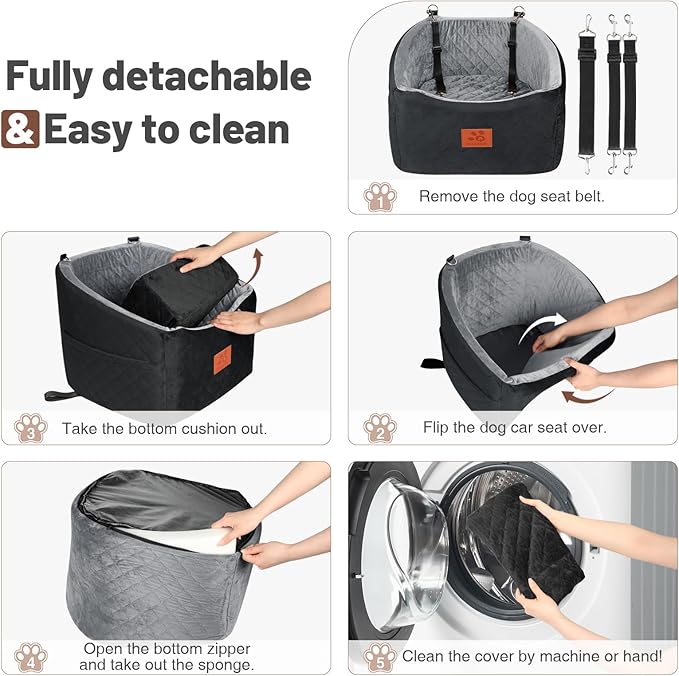 Dog Car Seat for Small Medium Dogs, Memory Foam Booster Car Seat for Dogs up to 35 lbs, Elevated Pet Car Seat with Washable Removable Cover and Storage Pockets (Black/Gray)