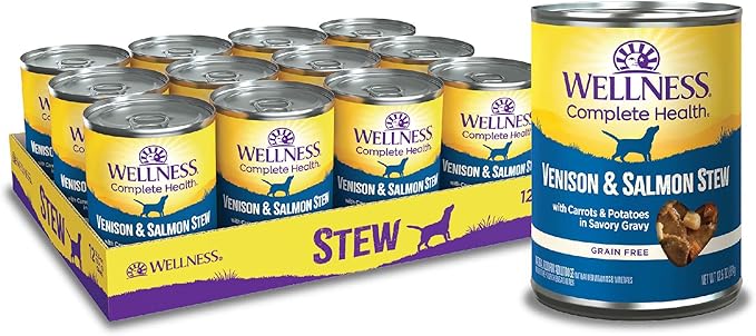 Wellness Complete Health Thick & Chunky Natural Canned Wet Dog Food, Venison & Salmon Stew, 12.5-Ounce Can (Pack of 12)
