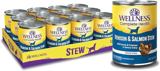 Wellness Complete Health Thick & Chunky Natural Canned Wet Dog Food, Venison & Salmon Stew, 12.5-Ounce Can (Pack of 12)