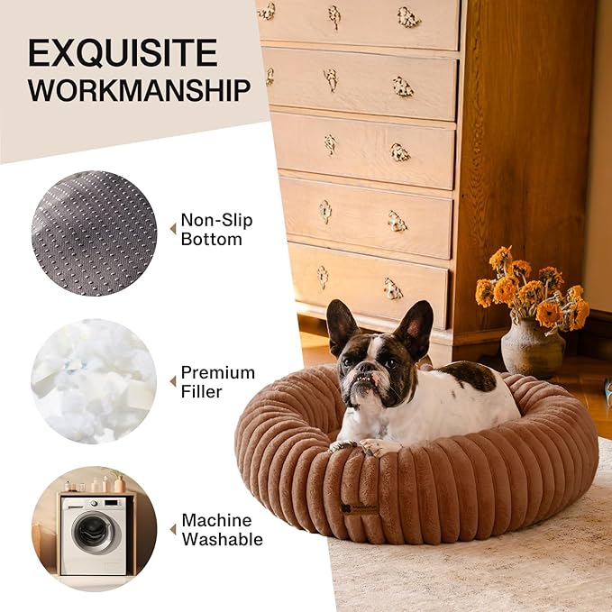 MEWOOFUN Donut Dog Beds for Small Dog, Calming Bed Round Cute Puppy Bed with Non-Slip Bottom, Fluffy Washable Pet Bed for Puppy and Kitten (Dark Brown, S (25x25x7))
