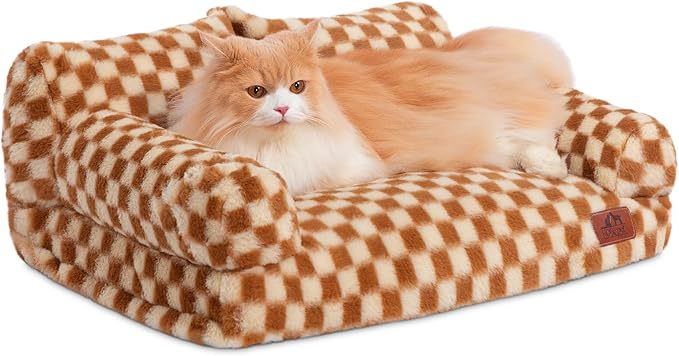 Hollypet Fluffy Plush Dog Cat Pet Couch Soft Calming Sofa Bed for Medium Small Cats and Dogs, Brown and Light Yellow