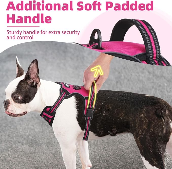 PUPTECK No Pull Dog Harness for Large, Adjustable Reflective Dog Harness with Handle Easy Control, Comfortable Soft Padded Pet Vest Harness for Large Dogs, Fuschia L