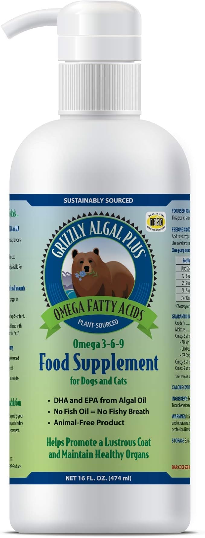 Grizzly Pet ProductsAlgal Plus Omega 3-6-9 Food Supplement for Dogs and Cats, 16 Ounce Bottle
