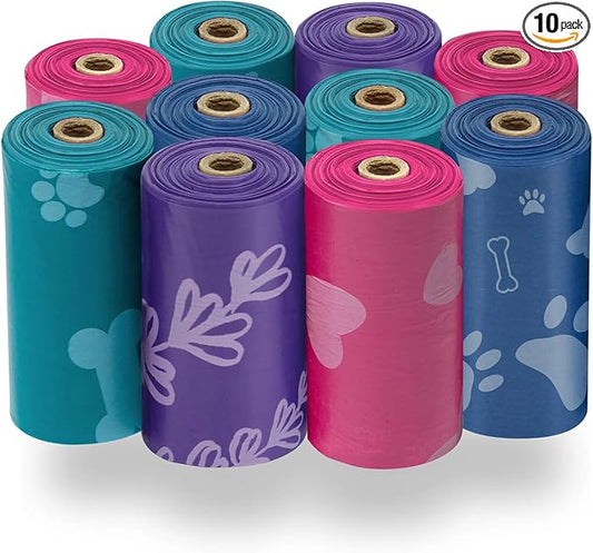 Best Pet Supplies Dog Poop Bags for Waste (150 Bags) Refuse Cleanup, Doggy Roll Replacements for Outdoor Puppy Walking and Travel, Leak Proof and Tear Resistant, Thick Plastic - Assorted Colors