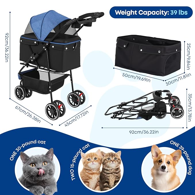 Pet Stroller,Dog Stroller for Small Medium Dogs Cats,3 Wheels,Foldable,with Breathable Mesh Canopy,Cup Holders,Easy Assembly,Blue+Black