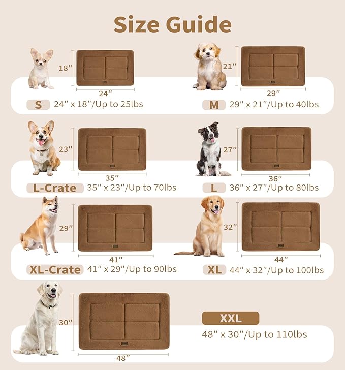 Made4Pets Dog Crate Pad Bed for Large Dogs, Washable & Reversible, Anti-Slip Kennel Mat for Cozy Sleeping, Soft Fluffy Dog Bed for Indoor & Outdoor Use, 36"x27", Brown