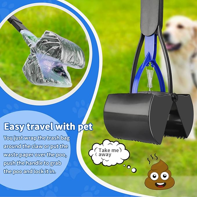 UPSKY 32'' Pooper Scooper for Large Small Dogs, Long Handle Dog Poop Scooper with Waste Bags, Portable Dog Poop Pick Up Tool, Folding Poop Scoop for Yard, Grass, Dirt, Gravel Blue