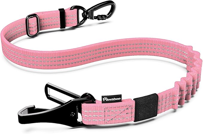 Pawaboo Dog Seatbelt for Car, 3-in-1 Dog Seat Belt Bungee, Shockproof Dogs Tether for Car with Buckle & Hook Latch, Adjustable Reflective Dogs Cars Harness Leash with 360° Lockable Buckle, Pink