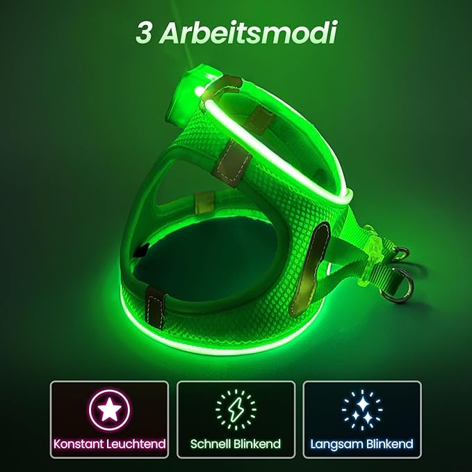 PCeoTllar Light Up Dog Harness - LED, No Pull Reflective, Flashing Night Walking (Green XS)