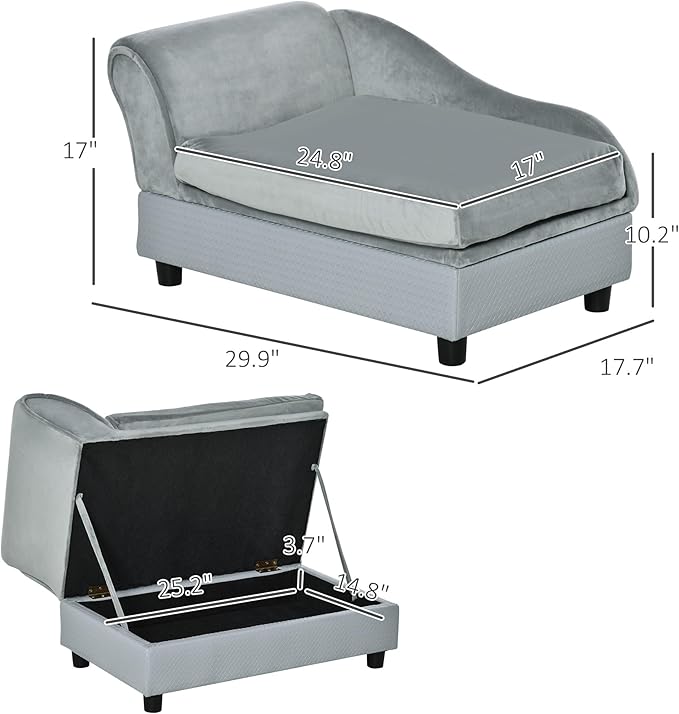 PawHut Luxury Fancy Dog Couch with Hidden Storage, Small Dog Sofa Bed with 2" Soft Foam, Modern Pet Furniture for Puppies & Little Breeds, Pale Gray