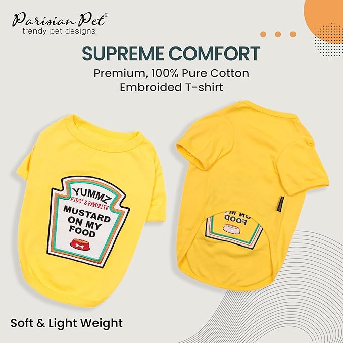 Parisian Pet Dog Shirt - Embroidered “Mustard on My Food“ - 100% Cotton and Polyester Dog Clothes - Sleeved, Lightweight Costume for Dogs - Yellow Dog Shirts for Large Dogs - Pet Costumes - XL