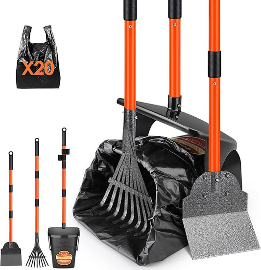 SlowTon Dog Pooper Scooper - 37.4" Long Handle Adjustable Metal Swivel Bin & Rake & Spade Kit with 20 Waste Bags, Portable Pooper Scooper for Gravel Lawn Grass, Suit for Small Medium Large Dog