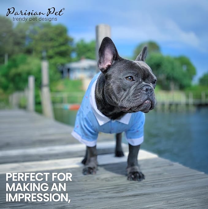 Parisian Pet Nautical Costume - 100% Cotton Anchor Shirt - Sleeved Doggie Clothes - Blue and White Costumes for Small Dogs XS