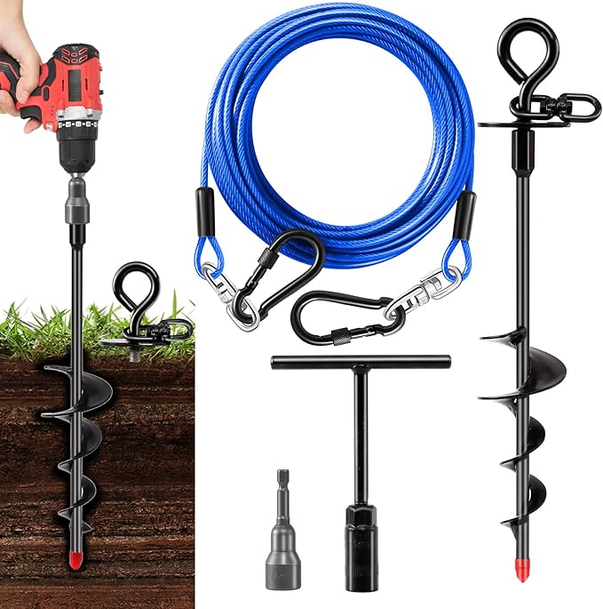 Heavy Duty Dog Tie Out Cable and Stake,30FT Rust Proof Dog Leads Cable for Yard with Swivel Hook,360°Swivel Spiral Dog Stake&Chain Up to 200 lbs,Removable Ground Anchor for Outdoor Beach Camping