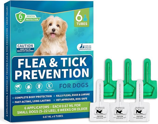 Flea and Tick Prevention for Small Dogs, 6-Month Supply Dog Flea and Tick Treatment Drops, Topical Fast-Acting Dog Flea Treatment for Small Dogs Up to 5 to 22 lbs