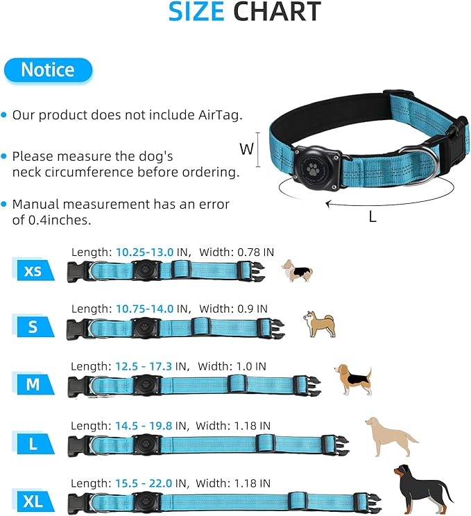 Upgraded AirTag Collar, IP68 Waterproof Holder, Reflective, Ultra-Durable, Comfortable Padded, Heavy Duty for Small to Large Dogs (XS (10.25"-13"), Blue)