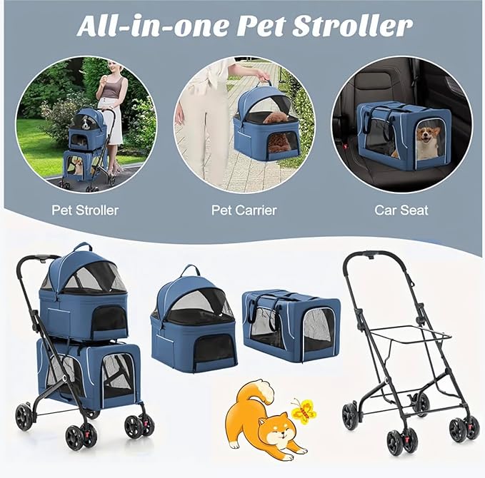 Pet Stroller with 2 Detachable Carriers, Folding Design, Large Capacity for Cats and Small Dogs, Navy, Medium