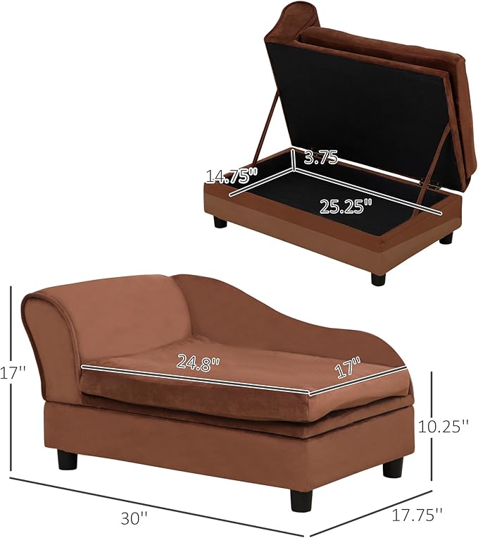 PawHut Luxury Fancy Dog Couch with Hidden Storage, Small Dog Sofa Bed with 2" Soft Foam, Modern Pet Furniture for Puppies & Little Breeds, Brown