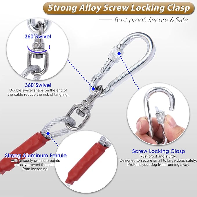 Dog Tie Out Cable for Dogs Outside Up to 125/250lbs,10/20/30/50FT Long Dog Leashes&Chains,Small-Large Dogs Runner Cable for Yard,Heavy Duty Lead Line for Outdoor,Camping,Yard(250lbs 20FT, Silver)